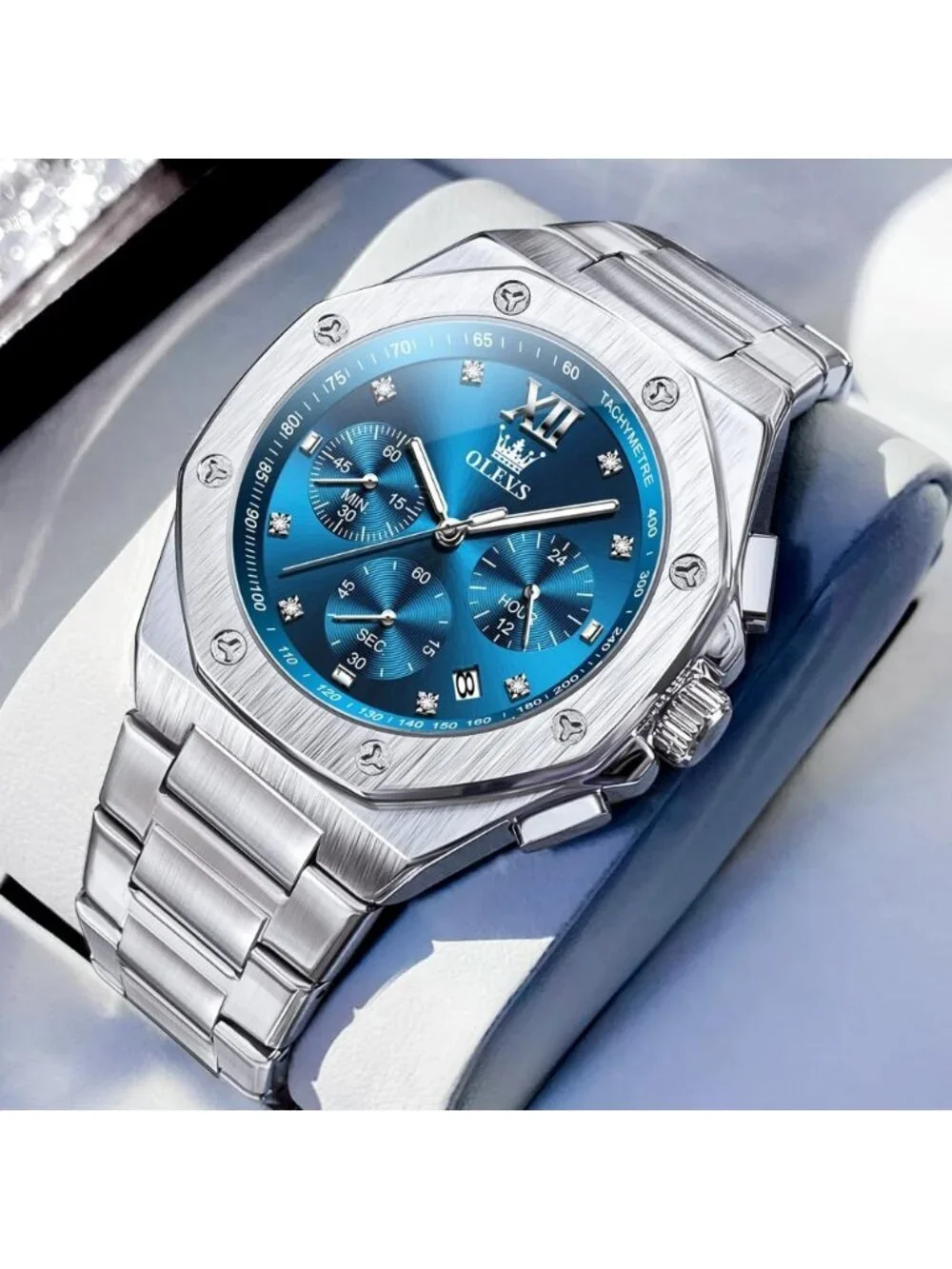 Men's Silver/Blue Luxury Octagon Stainless Steel Waterproof Dress Wrist Watch